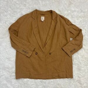 H&M Chic Boho Women's Tan/Brown Linen Blazer Double Breasted Jacket Lightweight
